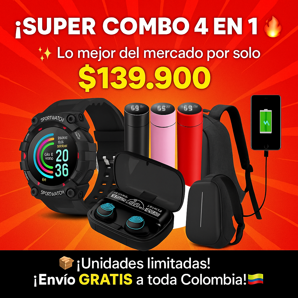 ¡SUPER COMBO 4 EN 1! 🔥 Maleta Antirrobo+ Reloj Deportivo FD68+Audífonos M10 Bluetooth+Termo Inteligente con Pantalla LED