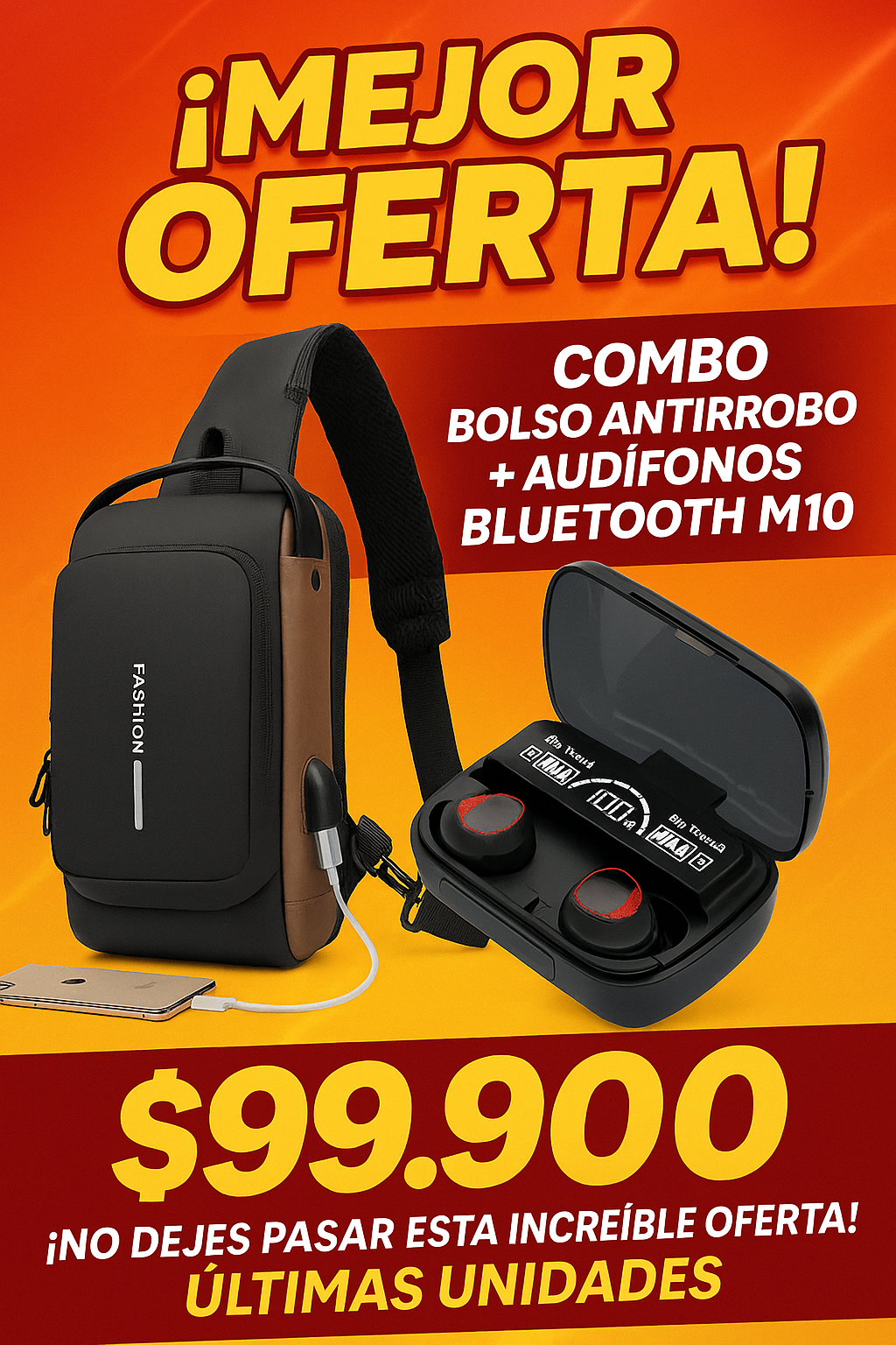 🎁 COMBO EXCLUSIVO: Bolso Antirrobo + Auriculares Bluetooth M10 TWS 🔒🎧