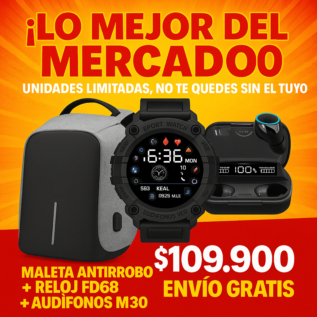 🎁 ¡SÚPER COMBO TECNOLÓGICO! 🎉 Maleta Antirrobo + Reloj Inteligente FD68 + Audífonos M30