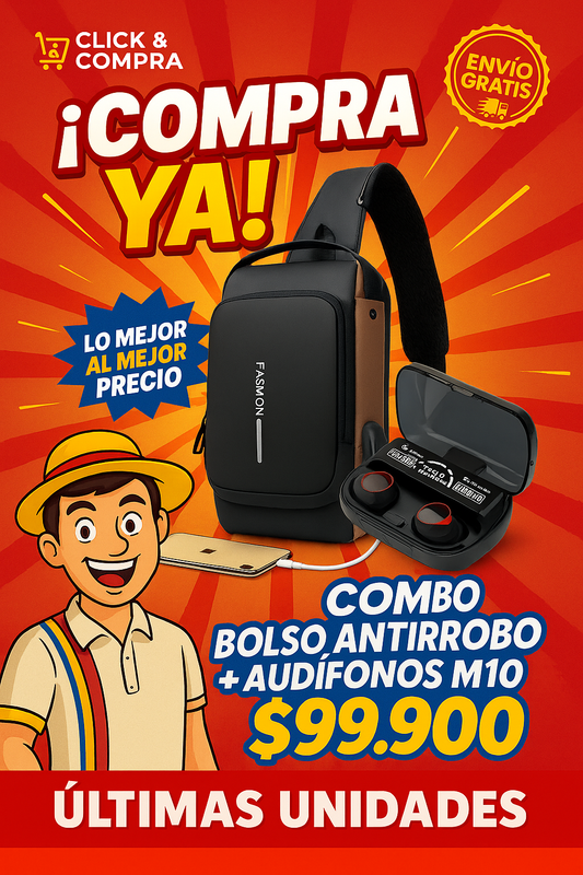 🎁 COMBO EXCLUSIVO: Bolso Antirrobo + Auriculares Bluetooth M10 TWS 🔒🎧