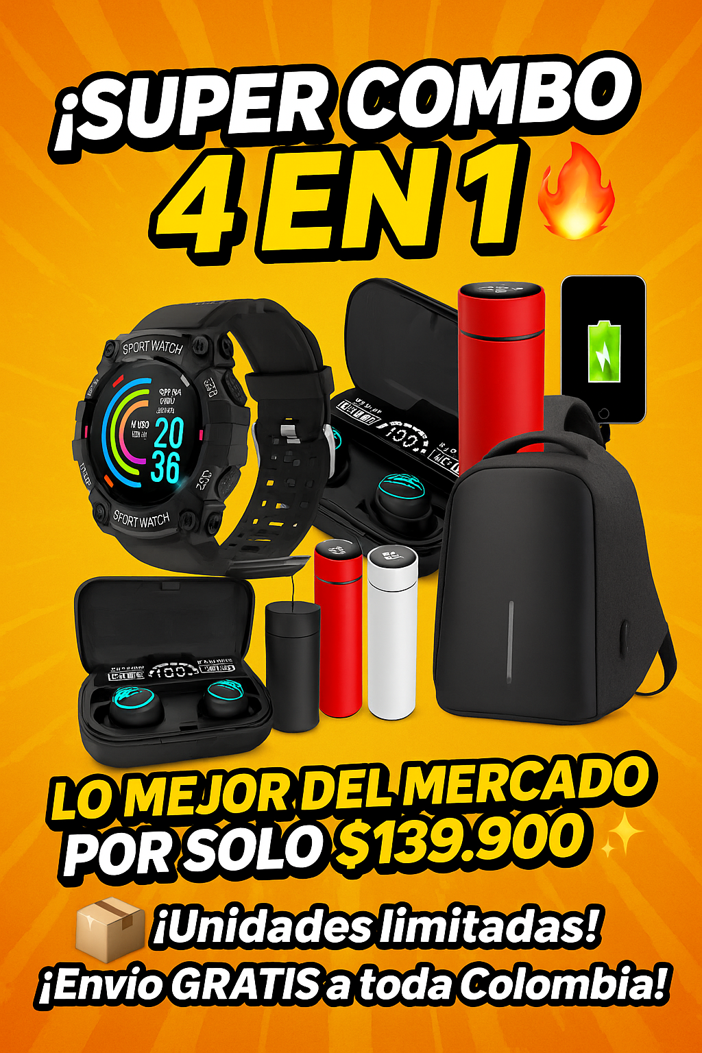 ¡SUPER COMBO 4 EN 1! 🔥 Maleta Antirrobo+ Reloj Deportivo FD68+Audífonos M10 Bluetooth+Termo Inteligente con Pantalla LED
