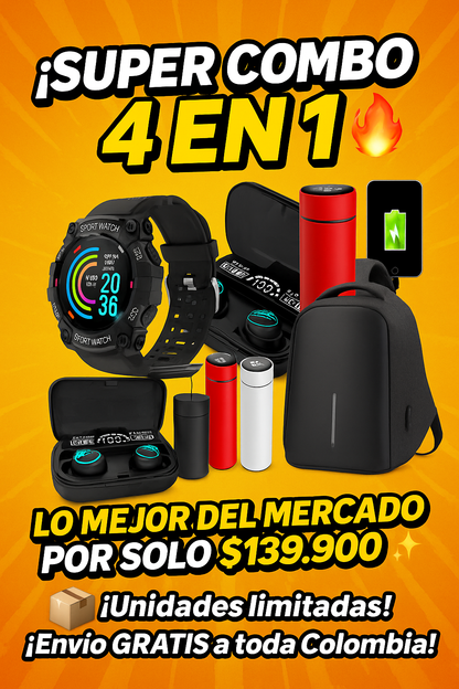 ¡SUPER COMBO 4 EN 1! 🔥 Maleta Antirrobo+ Reloj Deportivo FD68+Audífonos M10 Bluetooth+Termo Inteligente con Pantalla LED