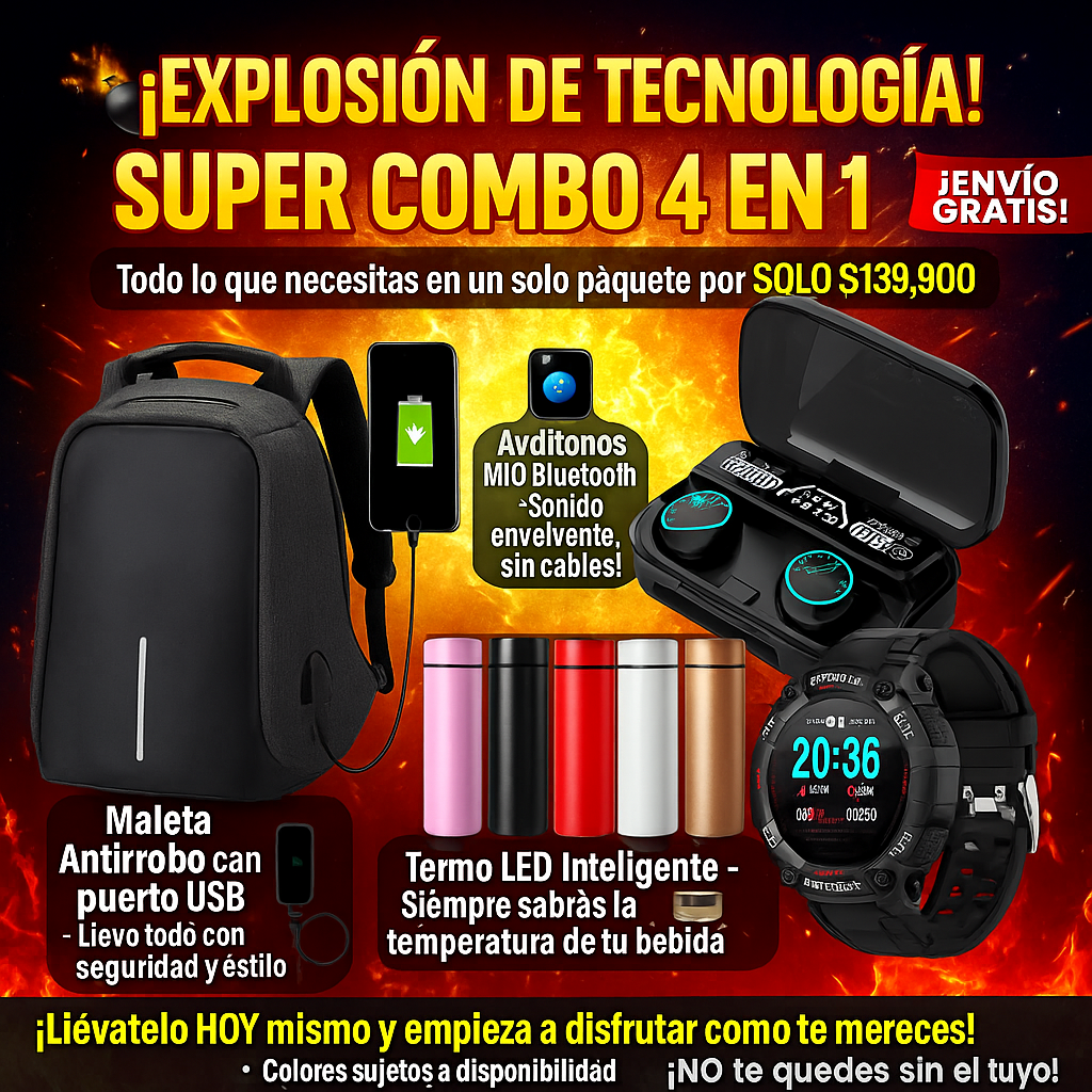 ¡SUPER COMBO 4 EN 1! 🔥 Maleta Antirrobo+ Reloj Deportivo FD68+Audífonos M10 Bluetooth+Termo Inteligente con Pantalla LED