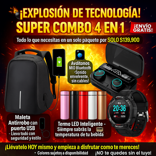 ¡SUPER COMBO 4 EN 1! 🔥 Maleta Antirrobo+ Reloj Deportivo FD68+Audífonos M10 Bluetooth+Termo Inteligente con Pantalla LED