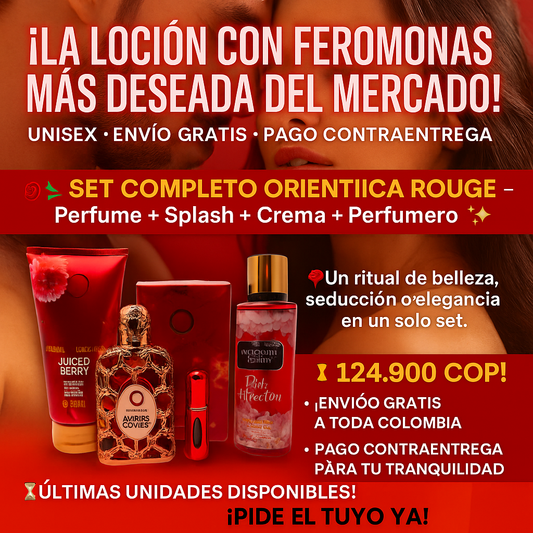 ❤️🔥 ¡LA LOCIÓN CON FEROMONAS MÁS DESEADA DEL MERCADO! 🔥SET COMPLETO ORIENTICA ROUGE – Perfume + Splash + Crema + Perfumero
